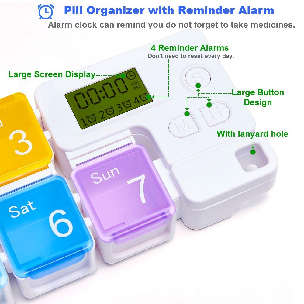7 Day Medicine Pill Organizer, 4 Reminder Alarms, Loud Sound, 7 Large Compartments, Large Screen, Moisture-Proof, Dust-Proof, Tr