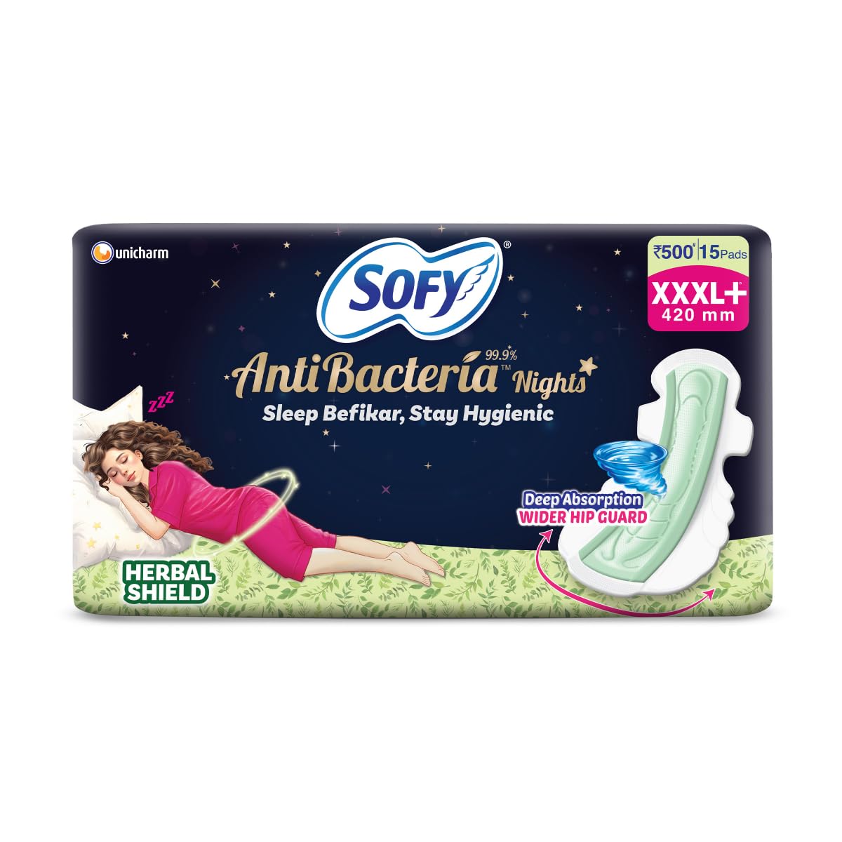 Sofy Women Anti Bacteria Xxxl+ Sanitary Pads |Night Protection|Wider Hip Guard| Deep Absorption | Herbal Sheild | Hygiene & Herb