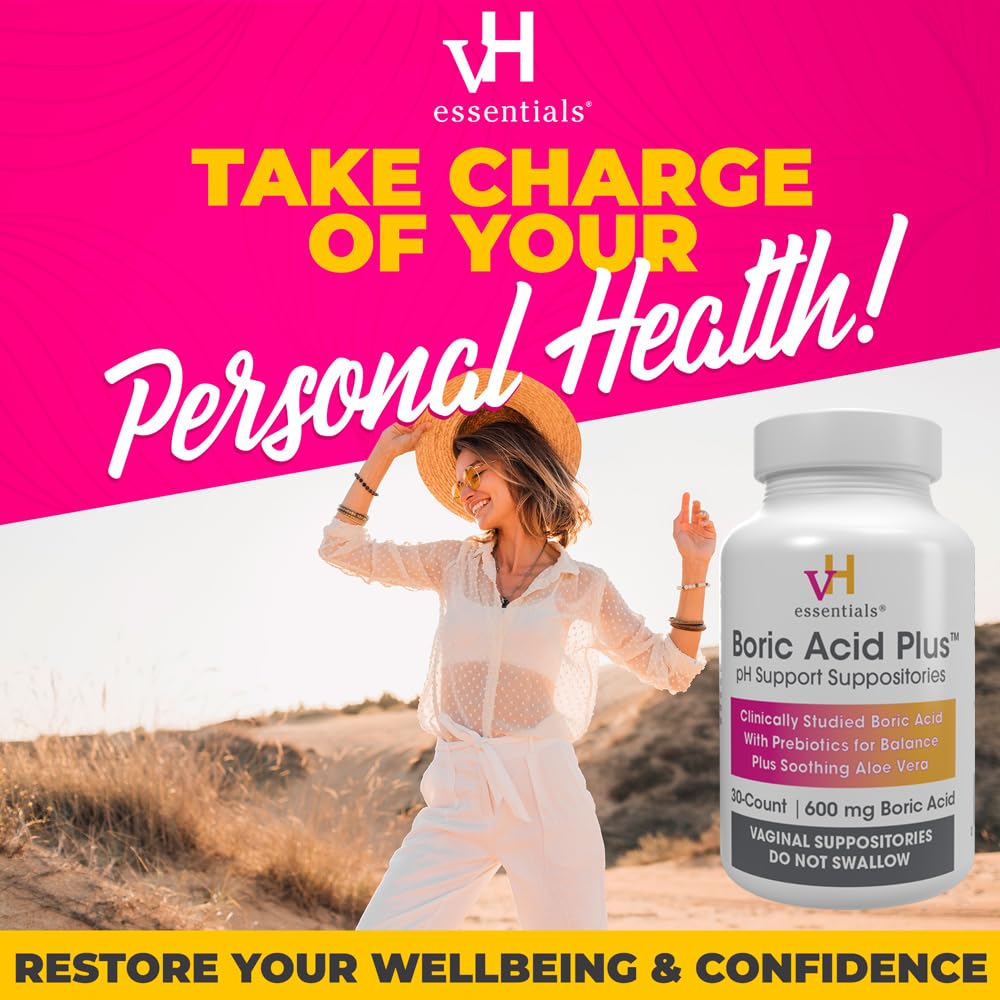 vH essentials Boric Acid Plus Vaginal Suppositories, Prebiotic Infused with Soothing Aloe Vera, pH Support Formula Fights Odor a