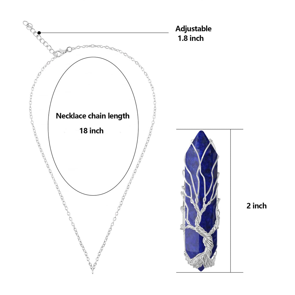 VIBILIA Healing Crystal Necklace Tree of Life Wire Wrapped Lapis Lazuli Stone Point Pendant Necklace Hexagonal Reiki Spiritual Q