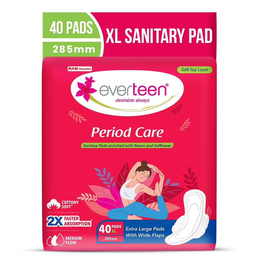 Everteen Sanitary Pads Xl 40 Pcs For Women, Cotton Sanitary Napkin Xl 285Mm, Extra Long Pad For Medium Flow, Wider Back Coverage