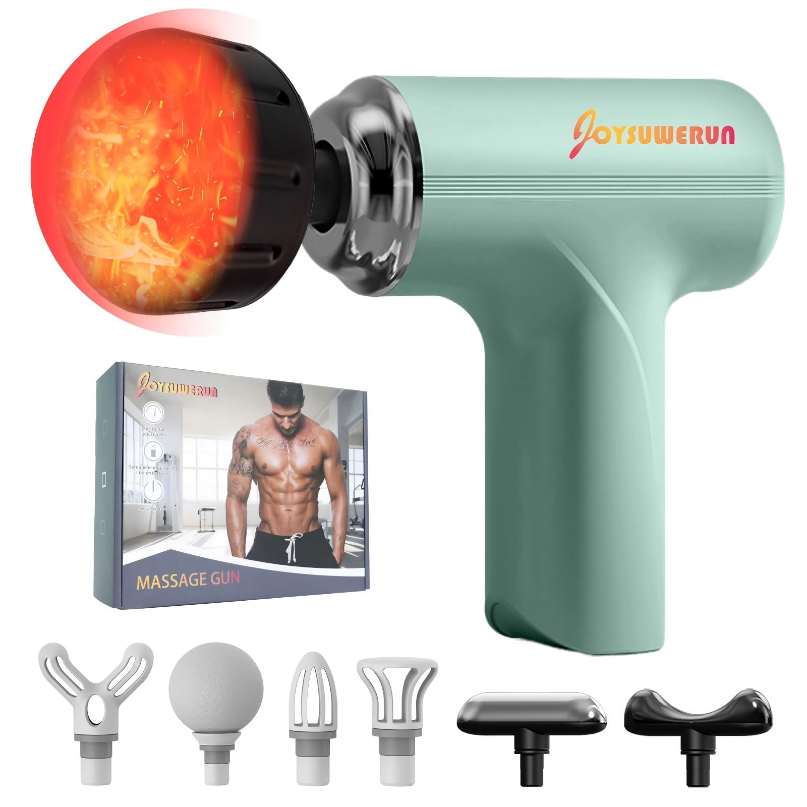 JOYSUWERUN Massage Gun with Heat - Amazing Power! Deep Tissue Percussion Massager, Handheld Mini Muscle Gun, 7 Massage Heads, Qu