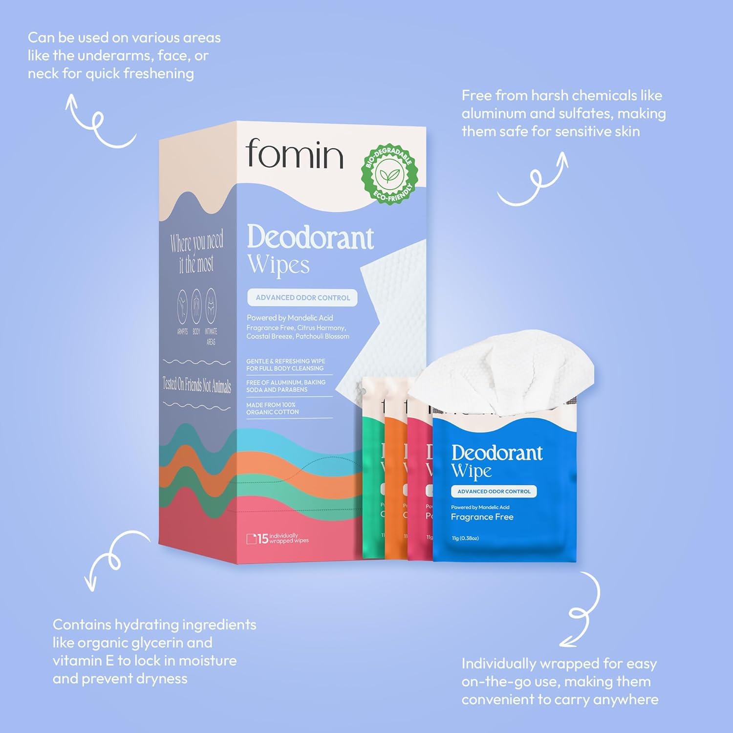 FOMIN Acidified Travel Deodorant Wipes For Women & Men - 50 Count - Variety Pack - pH Balanced, Mini Deodorant Travel Size Wipes