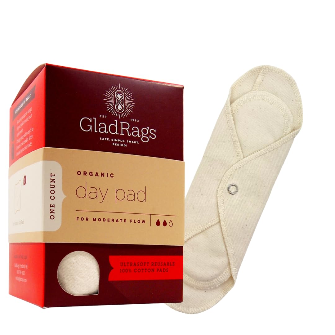 GladRags Natural Organic Undyed Cotton Reusable Day Pad (1-Pack) - 100% GOTS Certified Organic Menstrual Pad, Washable Pantyline