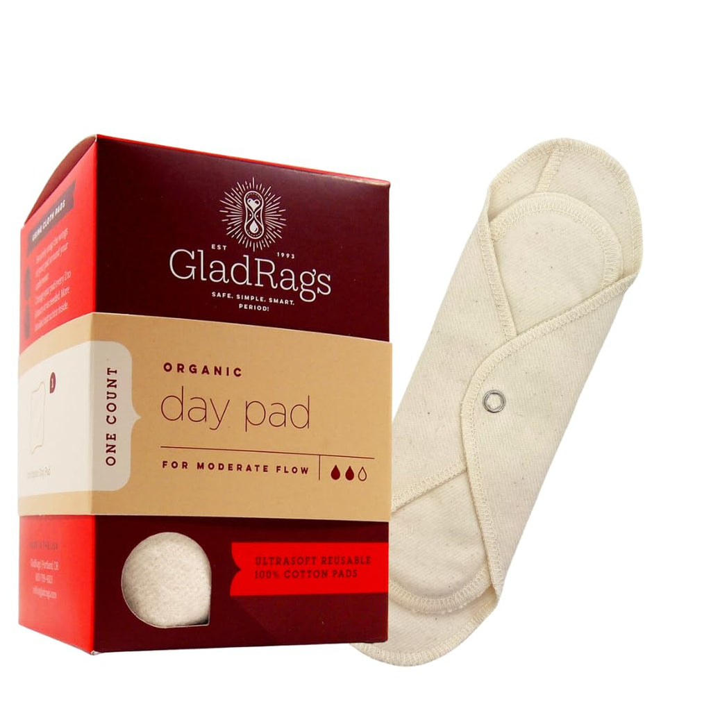 GladRags Natural Organic Undyed Cotton Reusable Day Pad (1-Pack) - 100% GOTS Certified Organic Menstrual Pad, Washable Pantyline