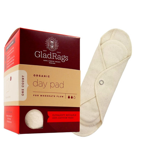 GladRags Natural Organic Undyed Cotton Reusable Day Pad (1-Pack) - 100% GOTS Certified Organic Menstrual Pad, Washable Pantyline