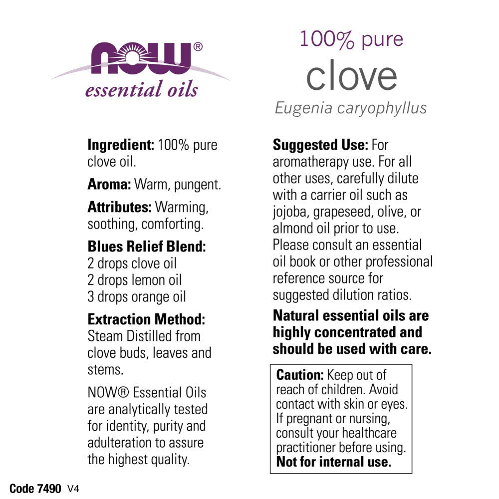 NOW Essential Oils, Clove Oil, Balancing Aromatherapy Scent, Steam Distilled, 100% Pure, Vegan, Child Resistant Cap, 2-Ounce