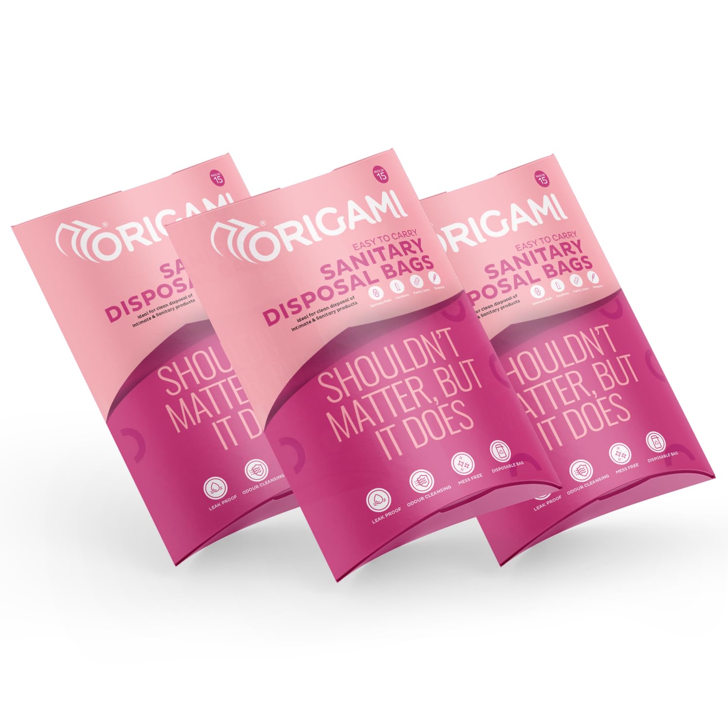 Origami Leakproof Sanitary Disposal Bags Pack Of 3 (15 Bags Per Pack, Total 45 Bags) | Odour Cleansing, Mess Free & Easy To Carr