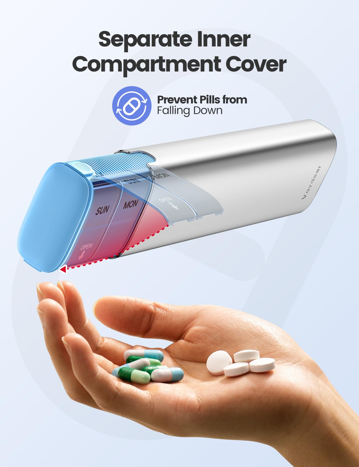 Vaydeer Metal Travel Pill Organizer, 7 Day Weekly Pill Box, Large Capacity Daily Cute Pill Case for Supplements, Pills, Vitamins