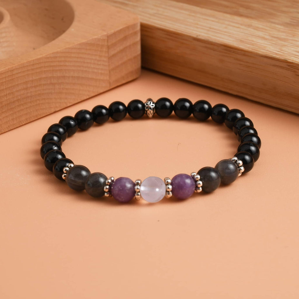 Gracayfr Anxiety Relief Bracelet Protection Black Tourmaline Labradorite Lepidolite Rose Quartz Healing Crystal Grief Support Gi