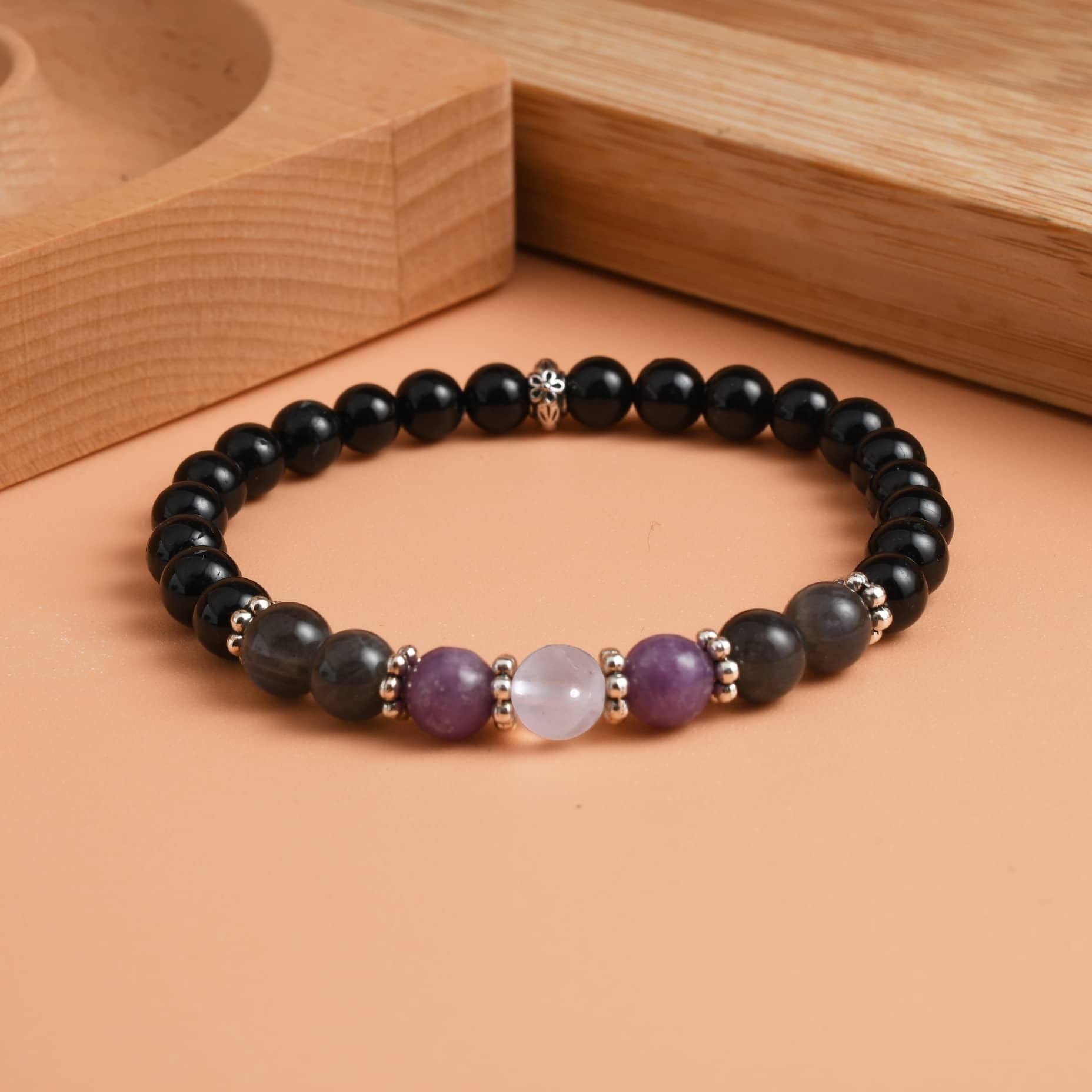 Gracayfr Anxiety Relief Bracelet Protection Black Tourmaline Labradorite Lepidolite Rose Quartz Healing Crystal Grief Support Gi