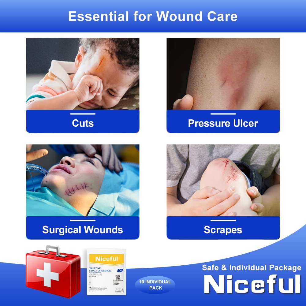 Niceful 10 Count Silicone Foam Dressing 1.6 x 2, Wound Dressing for Minor Surgical Incisions, Abrasions, Absorbent Silicone Band