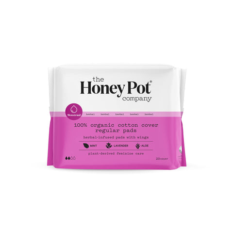The Honey Pot Company Clean Cotton Regular Absorbency Pads, Herbal-Infused Pads with Wings, Plant-Derived Feminine & Menstrual C