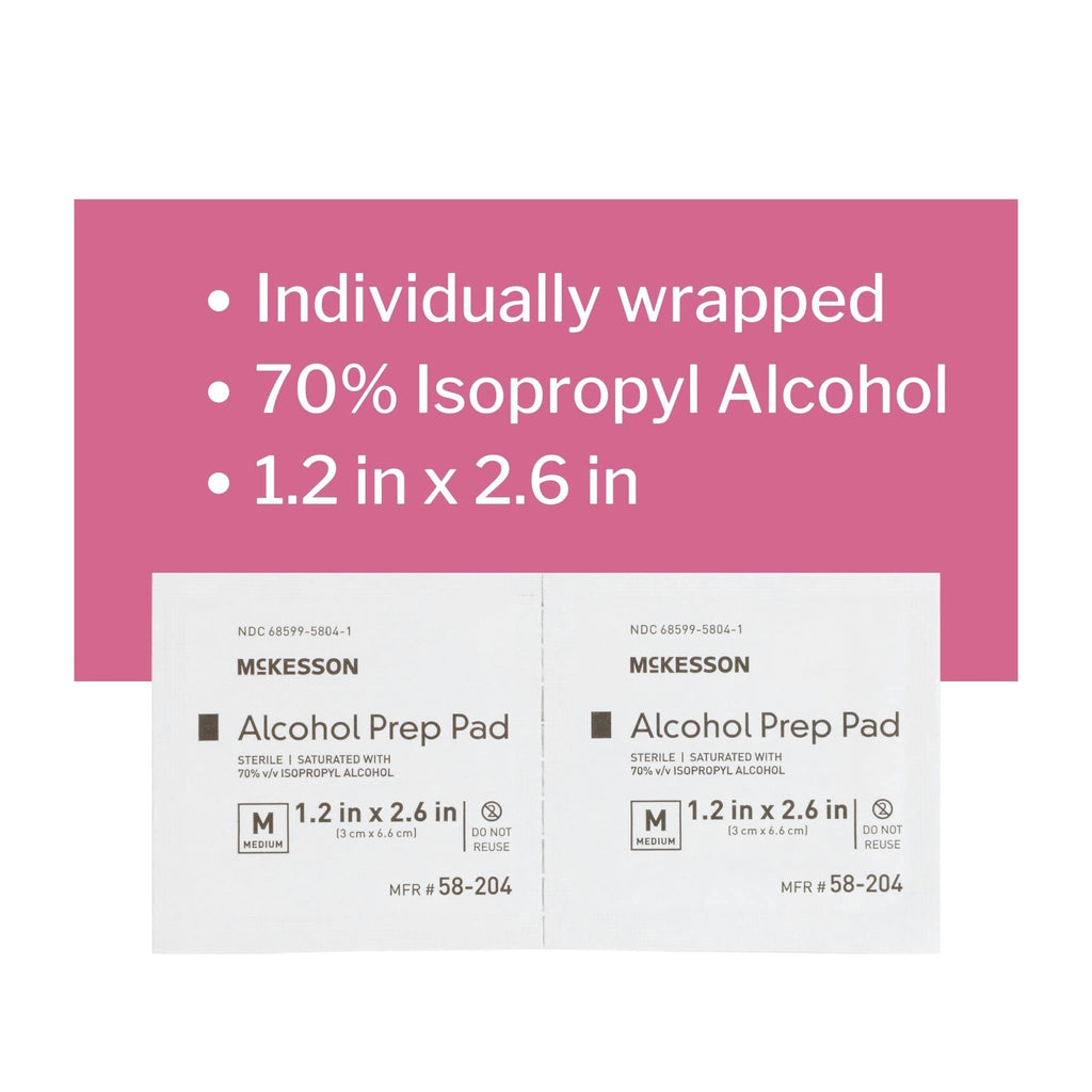 McKesson Alcohol Prep Pads, 70% Isopropyl, Individually Wrapped Wipes, Sterile, Medical-Grade, First Aid, Medium, 400-Pack