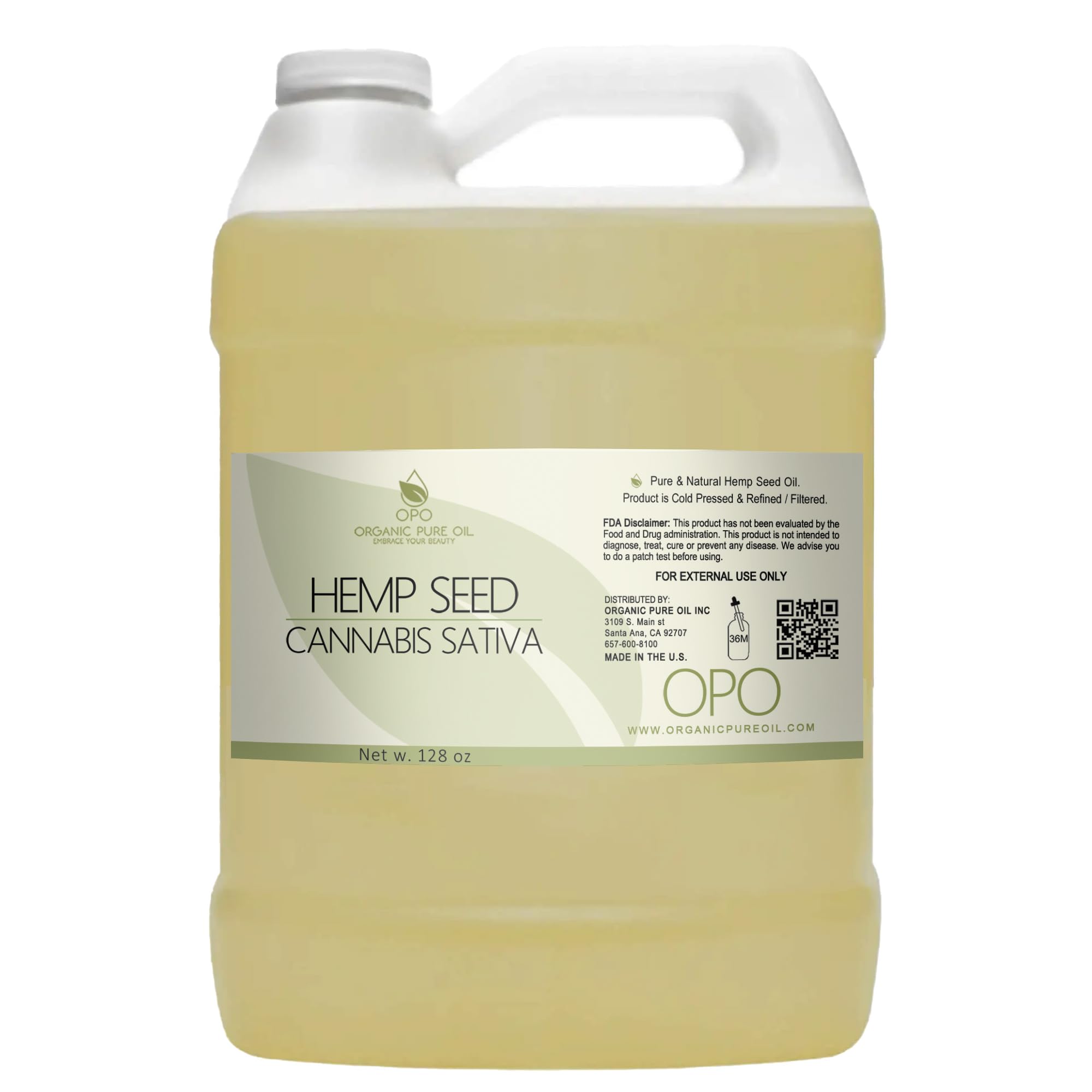 Hemp Seed Oil - Pure, Refined, Cold Pressed, All-Natural Non-GMO, Extra Virgin, Unscented, Carrier Oil - Bulk 128 oz / 1 Gallon 