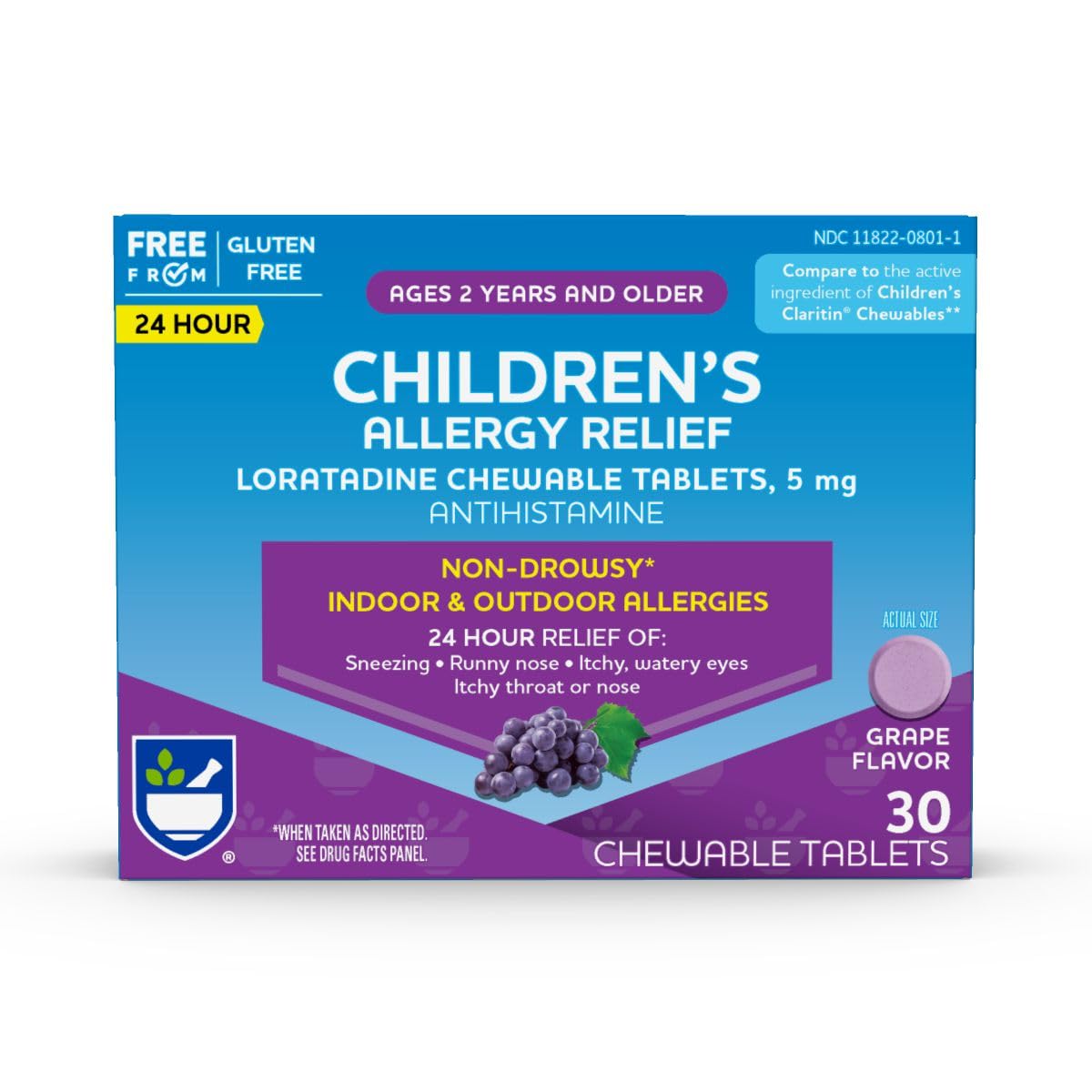 Rite Aid Childrens Non-Drowsy Allergy Relief Chewable Tablets, Grape Flavor, Loratadine, 5 mg - 30 Count | Childrens Allergy M