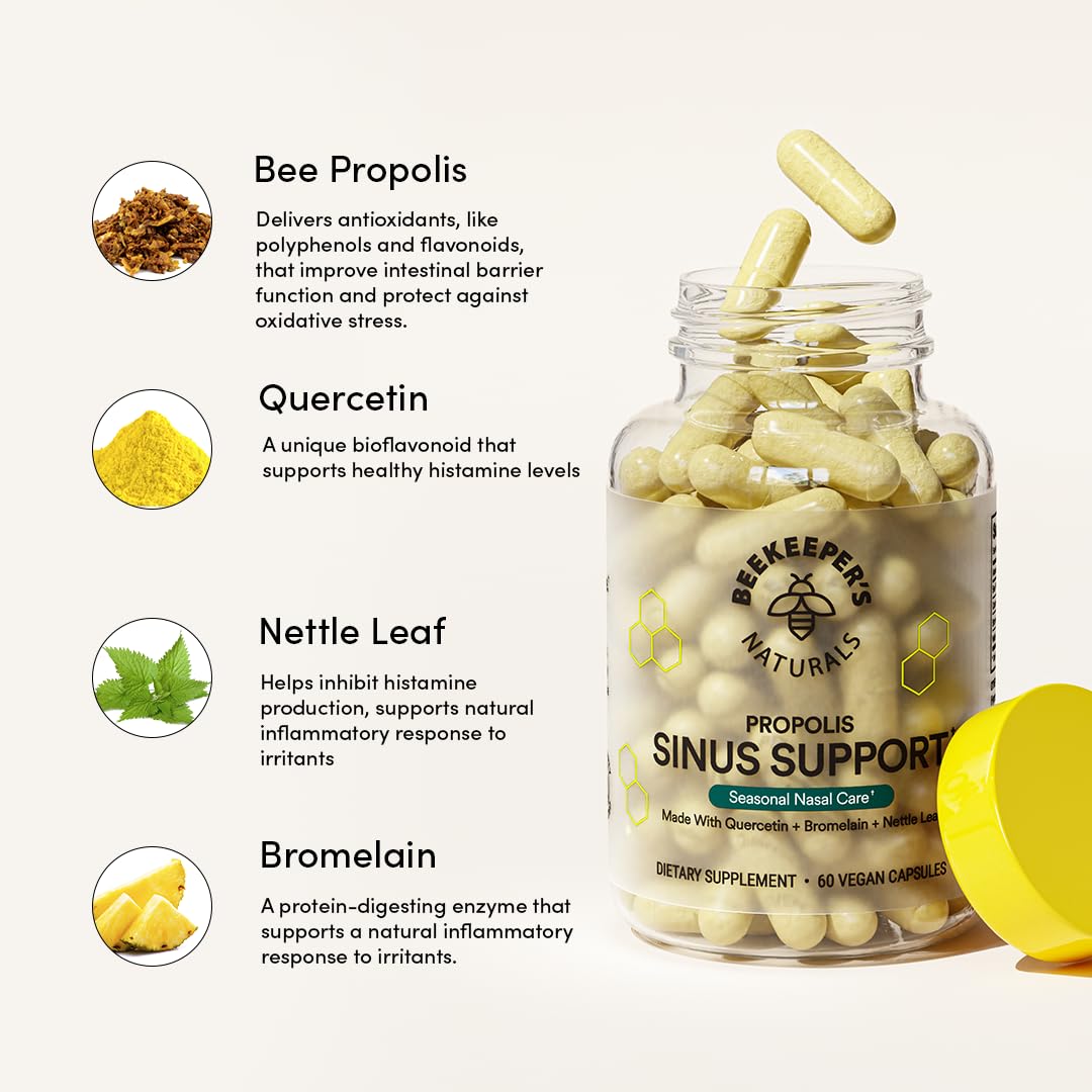 Beekeepers Naturals All Natural Sinus Support for Adults, Seasonal Nasal Care Relief with Propolis, Quercetin, Bromelain, Nettl