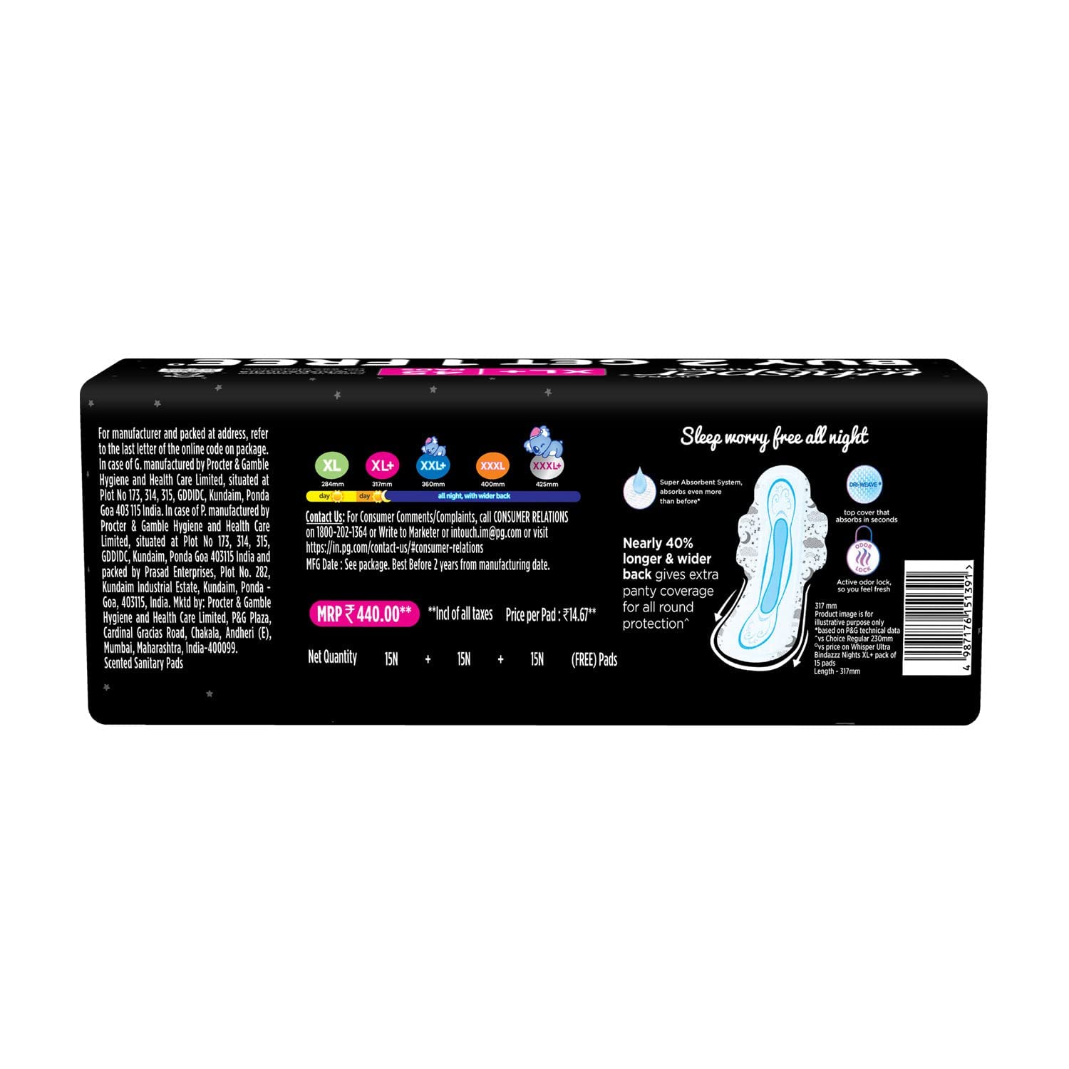 Whisper Ultra Night Sanitary Pads for Women, XL+ 15 (Pack of 3) Napkins