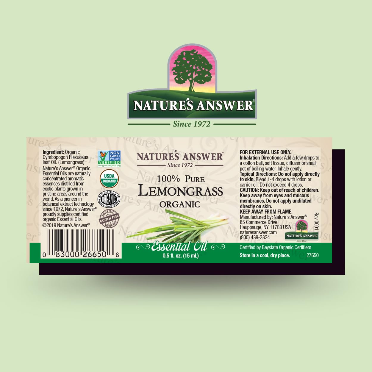 Natures Answer USDA Organic Lemongrass Essential Oil, 100% Pure | Natural Aromatherapy Oil for Diffuser/Humidifier, Steam Distil