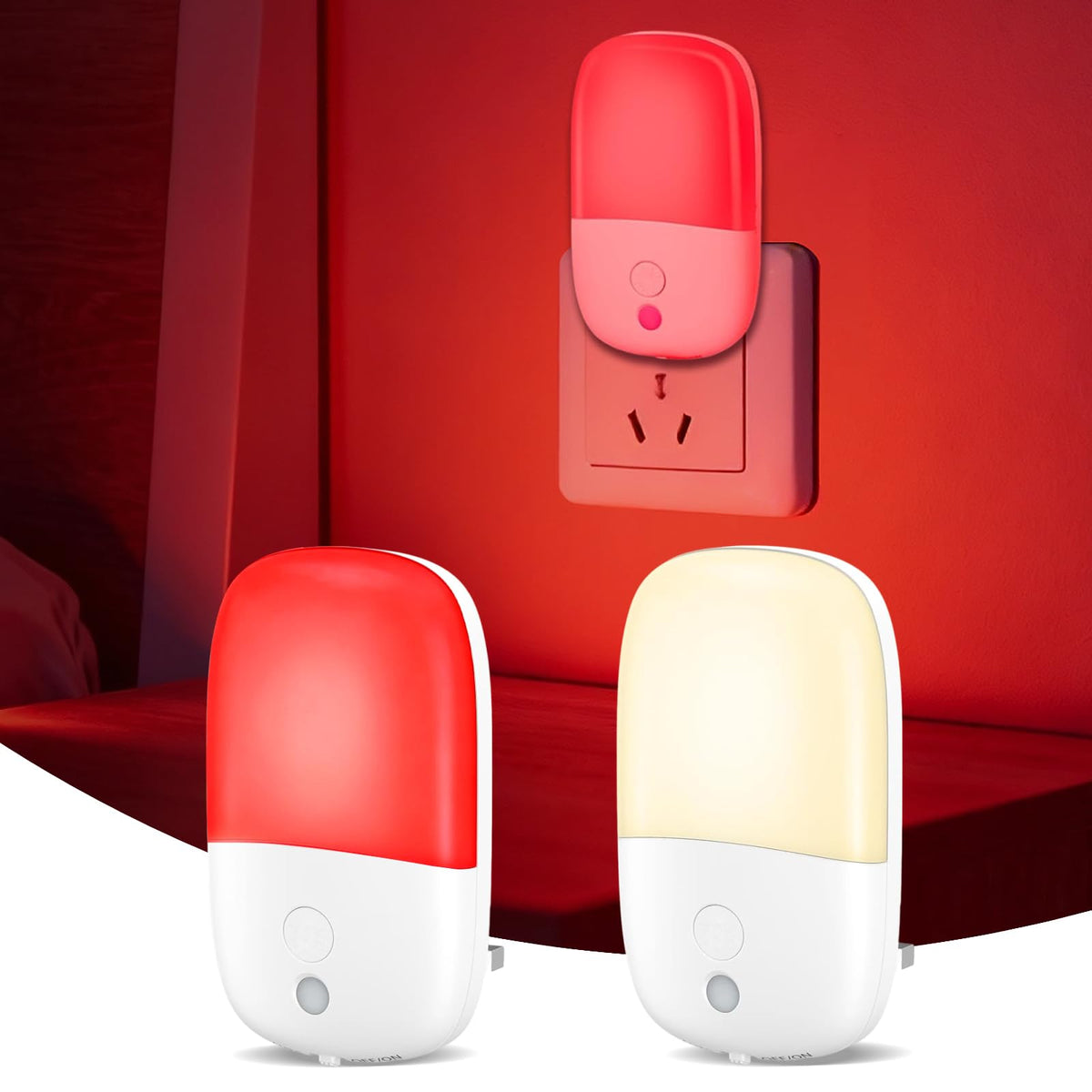 670nm Red Light Night Light for Sleep Therapy, [2 Pack]  2 Color Modes, Zero Blue Light, Auto Dusk to Dawn Sensor, 0.5W Dimmabl