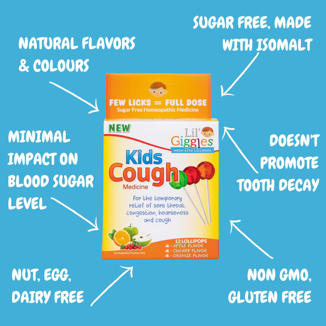 Lil Giggles Kids Medicated Lollipops - Sweet Gentle Relief for Kids & Non-drowsy - Kids Cough, Sore Throat, Congestion & Hoarse