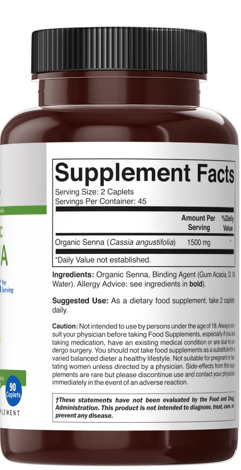 Brieofood Organic Senna 1500mg, 45 Servings, Vegetarian, Gluten Free, 90 Vegetarian Tablets