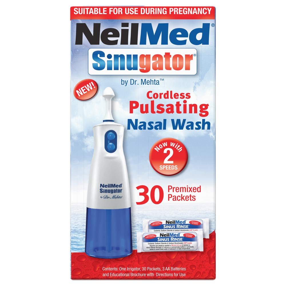 NeilMed Sinugator Cordless Pulsating Nasal Wash Kit with One Irrigator, 30 Premixed Packets and 3 AA Batteries(Pack of 1)