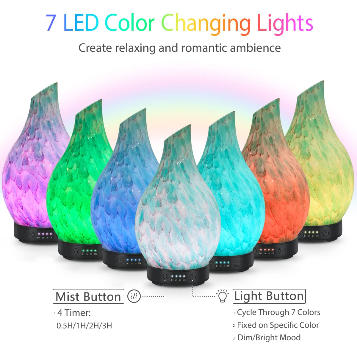 Essential Oil Diffuser 120ml Ultrasonic Aromatherapy Diffuser with Handmade Glass BPA Free, Auto Shut-Off 4 Timer Setting 7 Colo