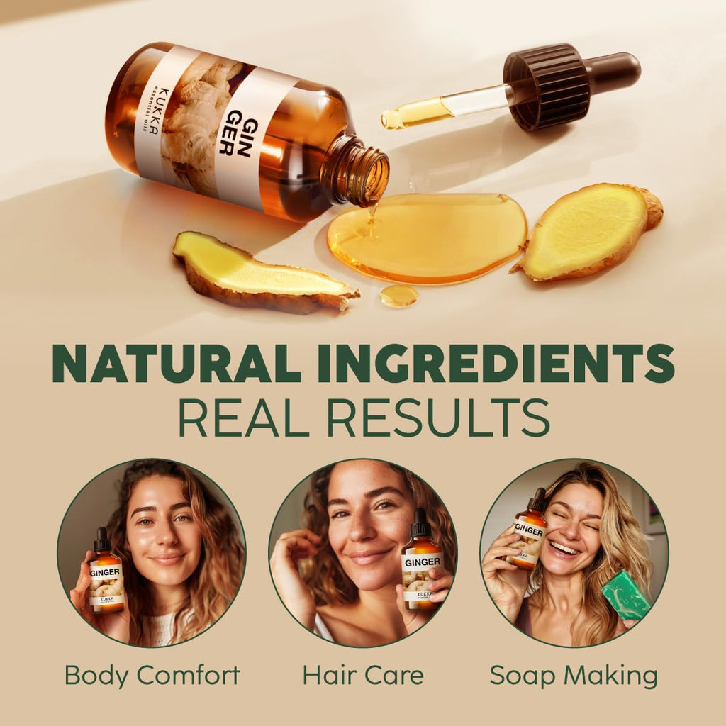 Kukka Ginger Essential Oil for Hair Skin & Massage - 4 Fl Oz - 100% Pure Natural for Soap Making Scent DIY, Spicy, Warming Scent