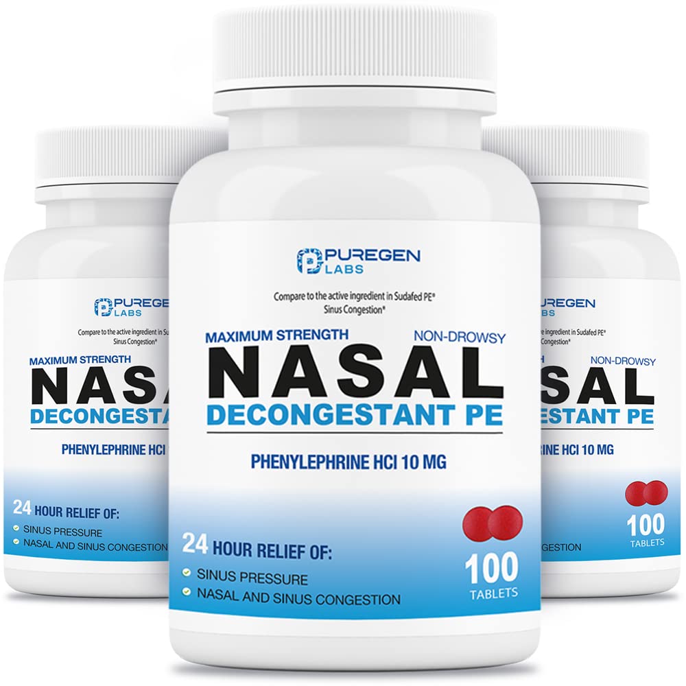 Puregen Labs Nasal Decongestant PE 3 Pack - 300 Tablets Total | Phenylephrine HCl 10 mg | Maximum Strength | Non Drowsy Nasal & 