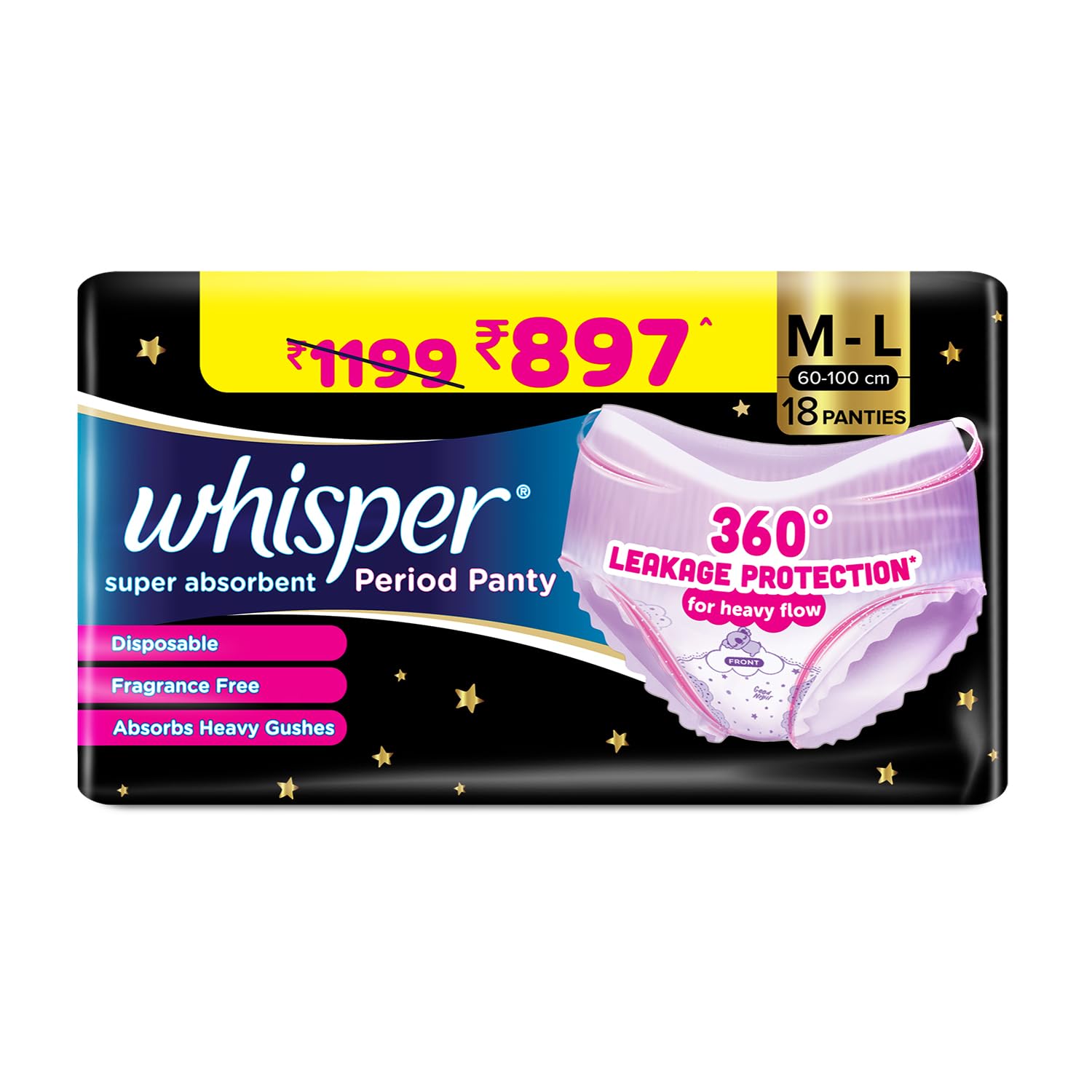 Whisper Super Absorbent Period Panty, 18 ML Pants, 360 Degree Leakage Protection* For Heavy Flow, Panty Like Fit, Full Back Cov