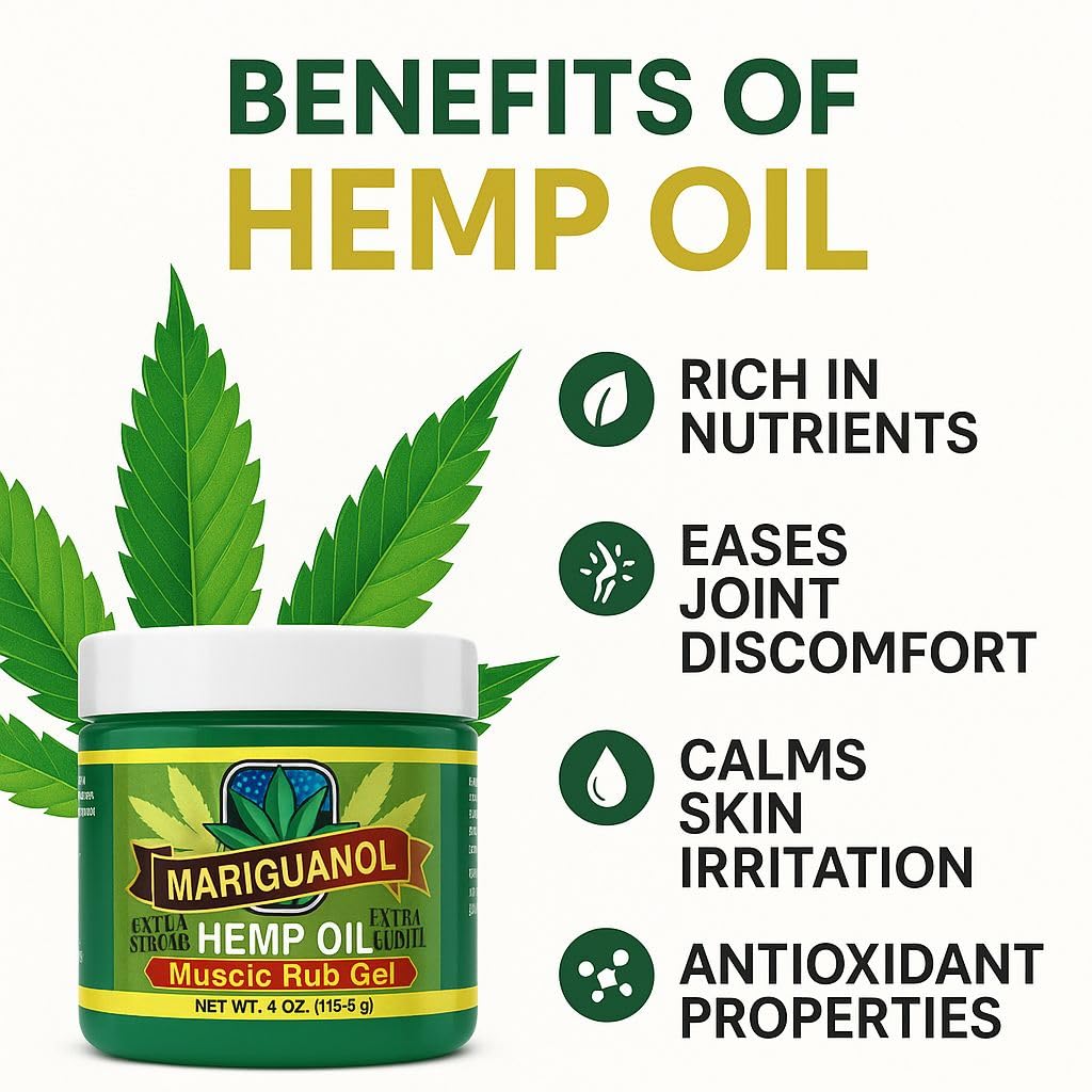 Mariguanol Extra Strong Muscle Rub Gel with Hemp Oil 4 Oz. - Alleviates Aches, Muscle Stiffness, & Improves Joint Mobility - Net