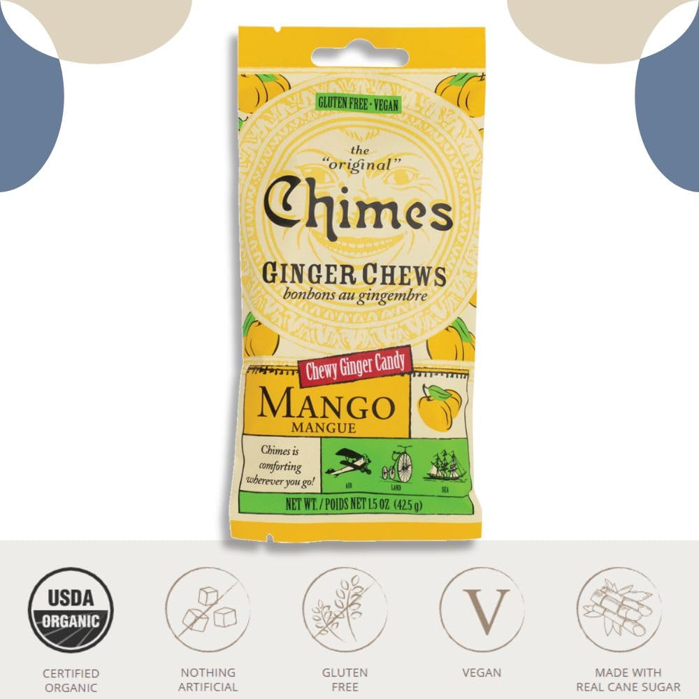 Chimes Ginger Chews Variety Pack of 4 Bundle - 1 of each (Original, Mango, Lemon & Orange) 6 oz total Low Calorie, Vegan, GF, Or