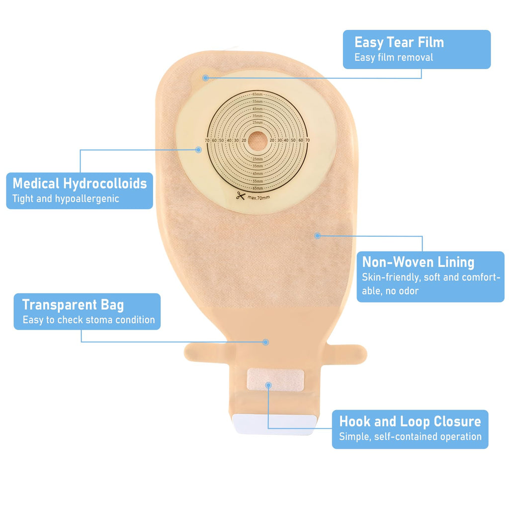 20 Pack Colostomy Bags, One Piece Ostomy Bag Ostomy Supplies, 15 mm - 70 mm Cut to Fit Drainable Pouches with Stick on Closure f