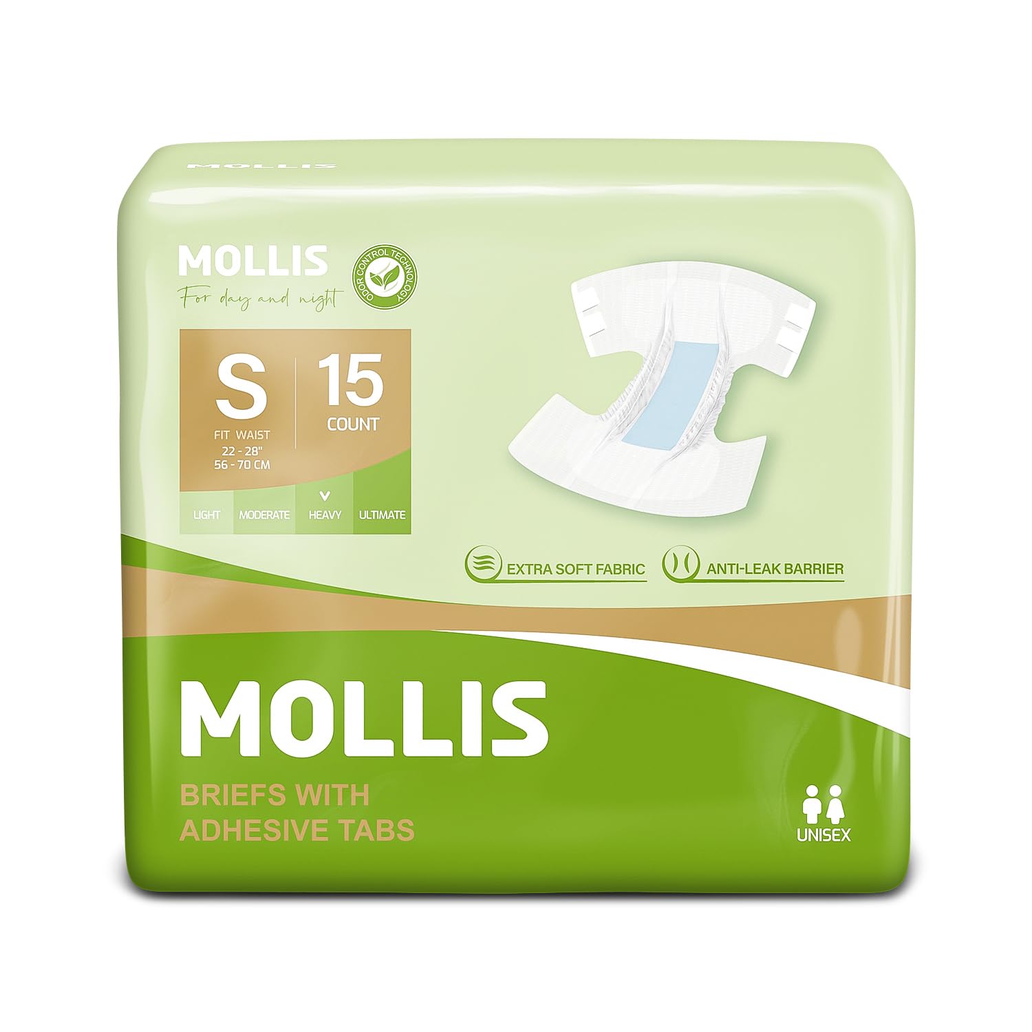 MOLLIS Adult Diapers for Women and Men, Unisex Disposable Incontinence Briefs with Tabs, Odor Control, Small, 15 Count