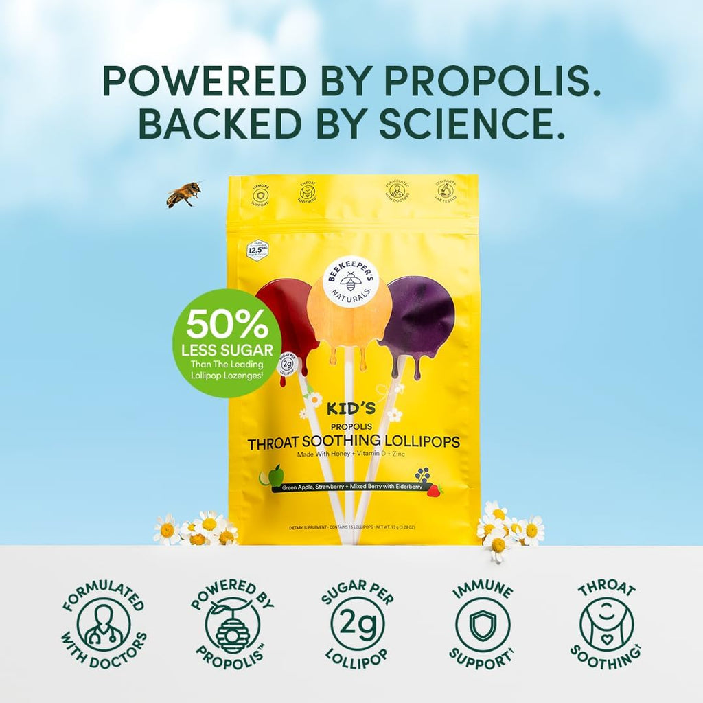 Kids Throat Soothing Lollipops by Beekeepers Naturals - Doctor Formulated Immune Support, Vitamin D & Honey, Under 2g Sugar, Cl