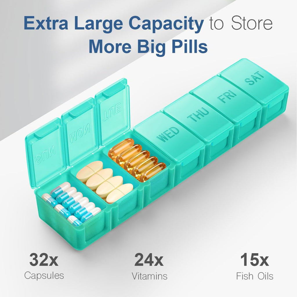 Extra Large Pill Organizer Weekly, KAPENS Daily Pill Case Box Large Capacity Compartments, 7 Day Pill Containers for Medicine Su