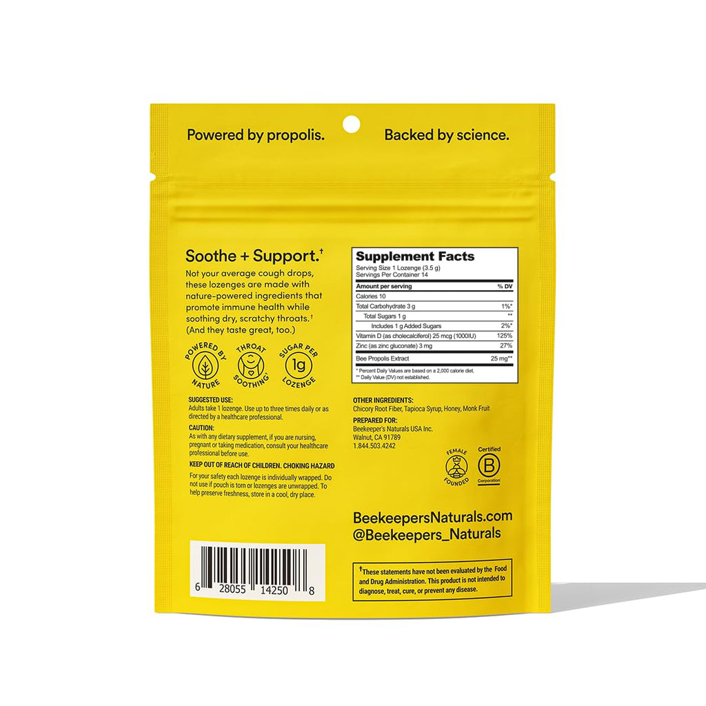 Soothing Honey Cough Drops - Immune Support with Vitamin D, Zinc and Propolis - by Beekeepers Naturals - Throat Soothing Lozeng