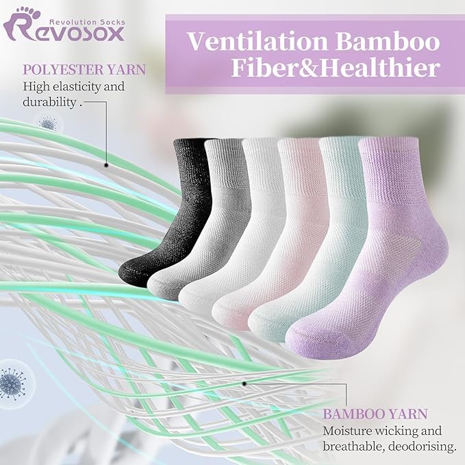 Revosoxs Diabetic Socks for Women Men,5 Pairs Bamboo Viscose Non Binding Diabetic Ankle Wide Seamless Socks 6-9 9-12(Black-Large