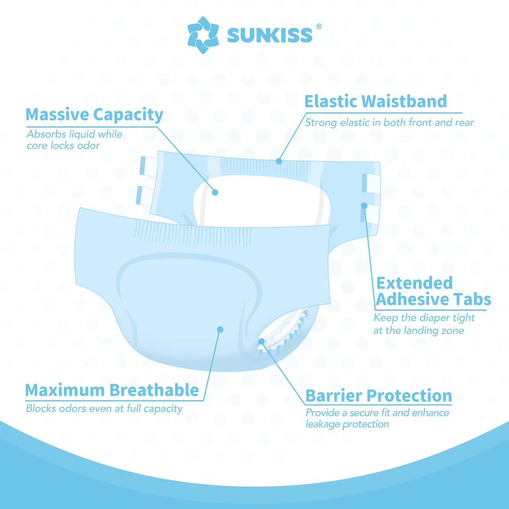 SUNKISS Masterpiece Adult Diapers with Tabs, Unisex Disposable Incontinence Briefs for Women and Men, Odor Control, Blue, L/XL,