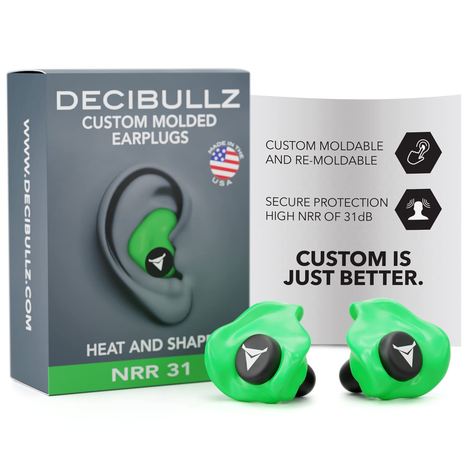 Decibullz - custom Molded Earplugs, 31dB Highest NRR, comfortable Hearing Protection for Shooting, Travel, Swimming, Work and co