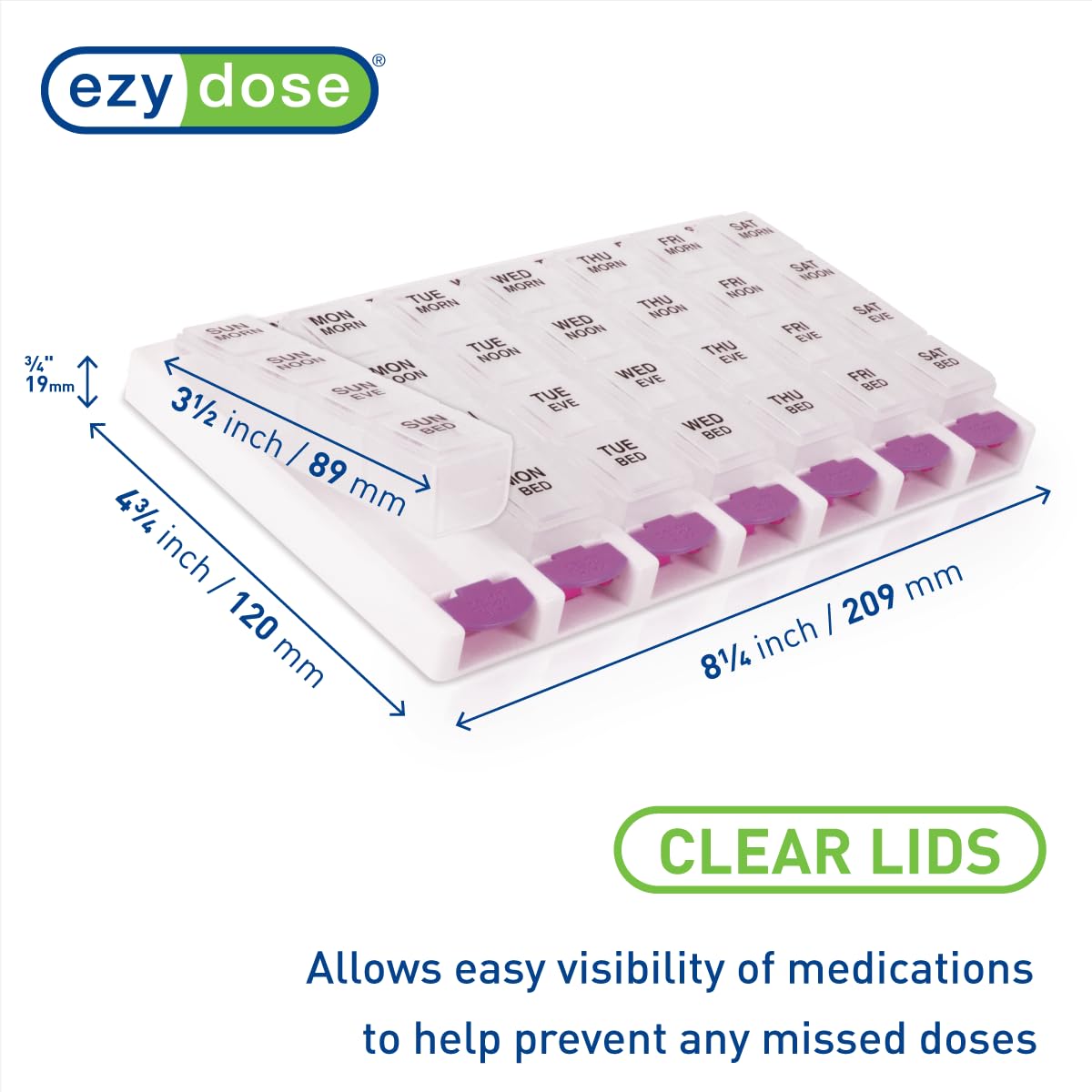 EZY DOSE Weekly (7 Day) 4 Times a Day Push Button Pill Organizer and Vitamin Planner, Removable Daily Pillboxes, Purple, Clear L