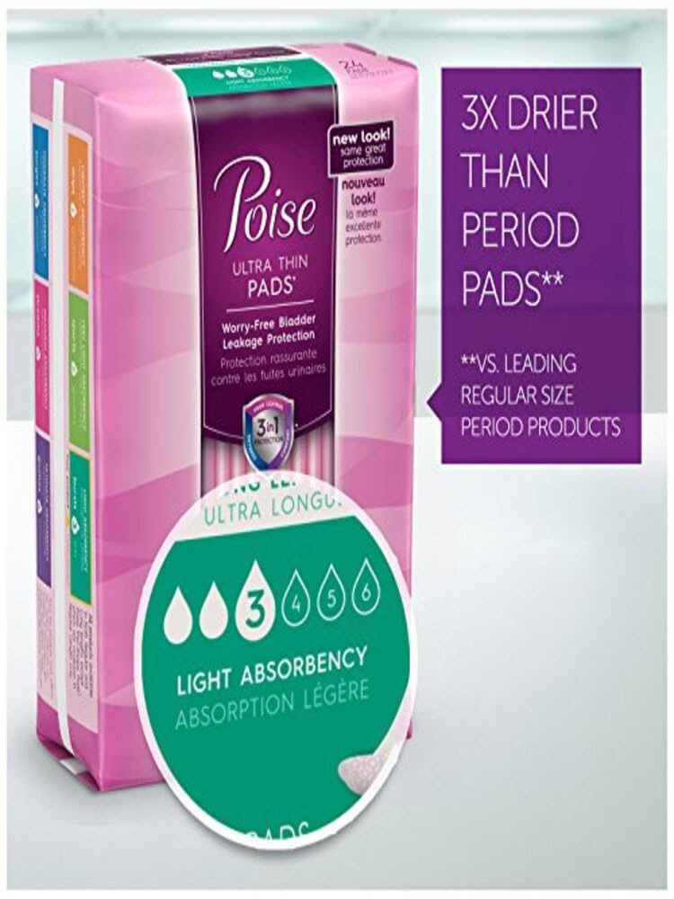 Poise Ultra Thin Incontinence Pads, Light Absorbency, Regular, 30 Count (Pack of 3)