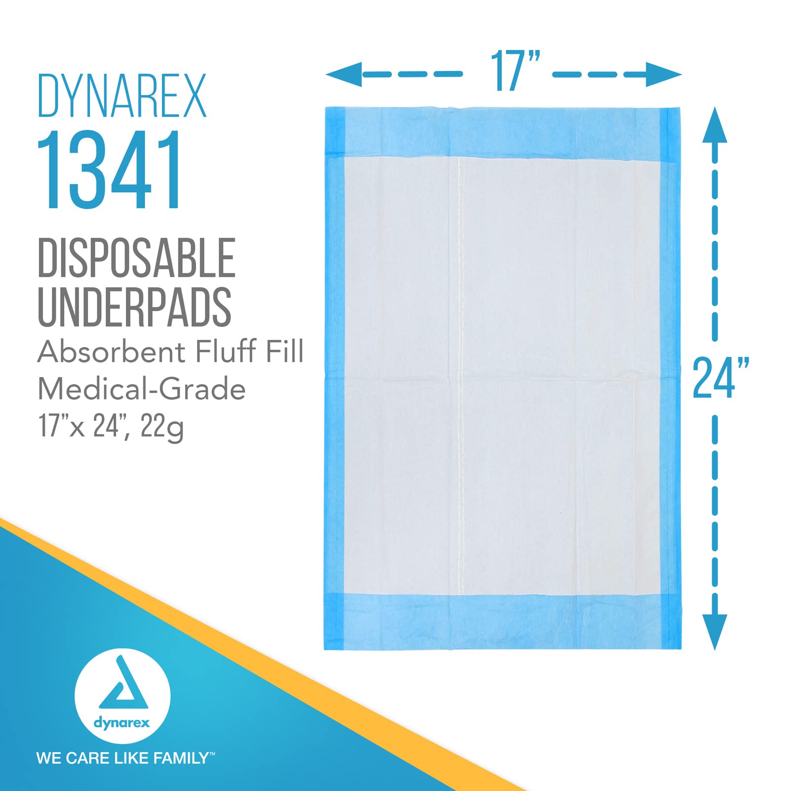 Dynarex 1341 Disposable UnderPad, Medical-Grade Incontinence Bed Pad to Protect Sheet, Mattresses, and Furniture, 17  x 24 , 22g