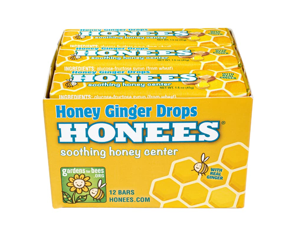 Honees Filled Honey Ginger Drops, Natural Cough Drops- Pure Ginger Sore Throat Relief - Nothing Artificial -Throat Coat Lozenges