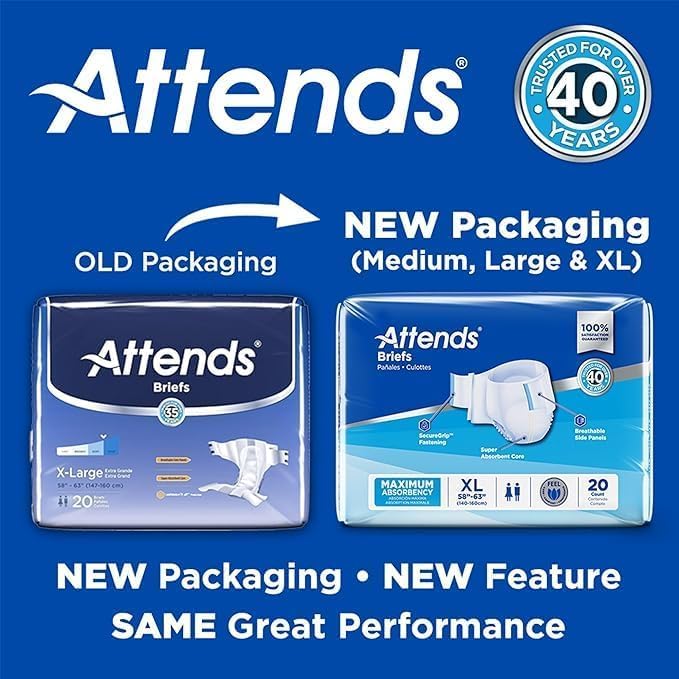Attends Classic Briefs with Dry-Lock Technology for Adult Incontinence Care, Large, Unisex, 24 Count (Pack of 3)