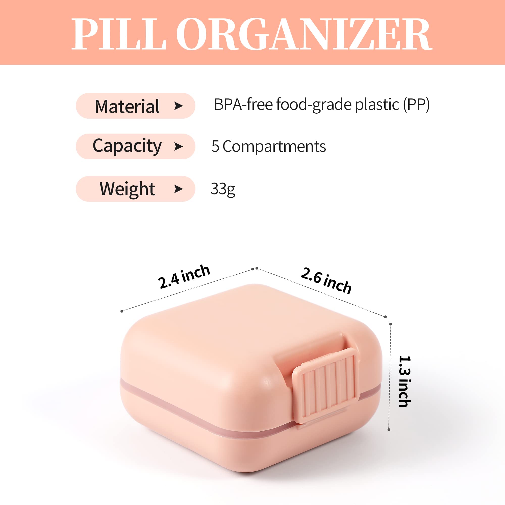 Dynippy Daily Pill Organizer 5 Compartments Portable Moisture Proof Small Pill Case for Pocket Purse Travel Pill Box Portable Me
