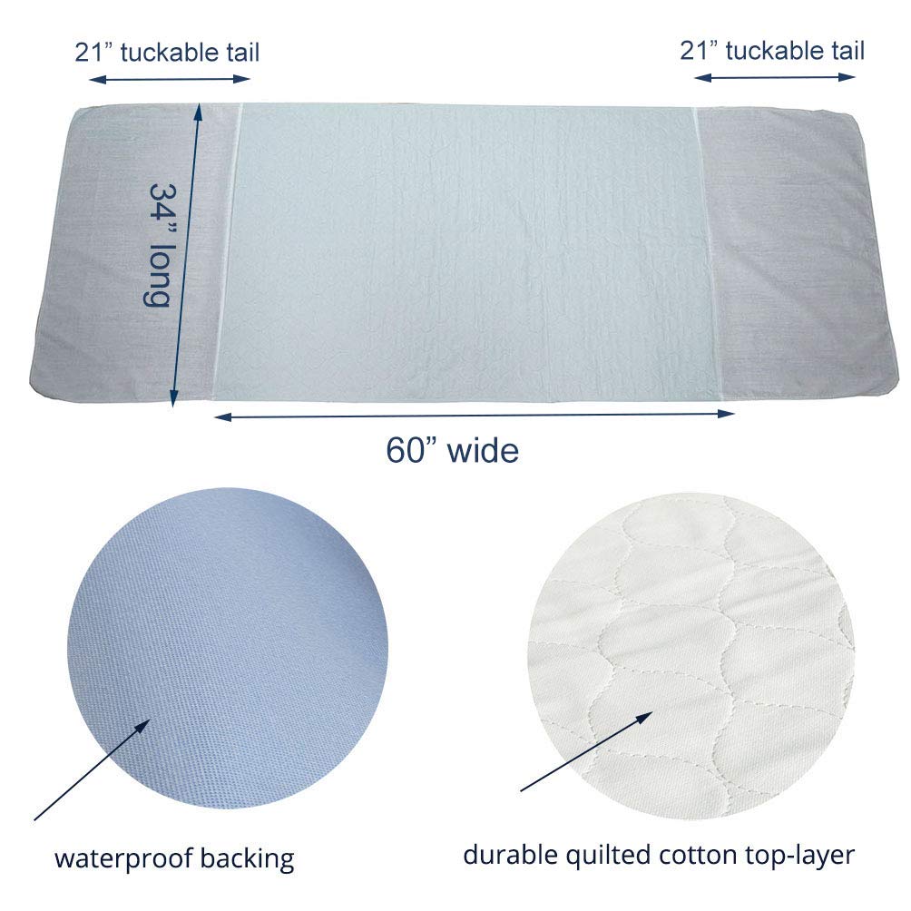 Careboree Pack of 2 Cotton Top-Layer Reusable Tuckable Underpads Incontinence Bed Pads Queen 34X60 Washable 21 Wings