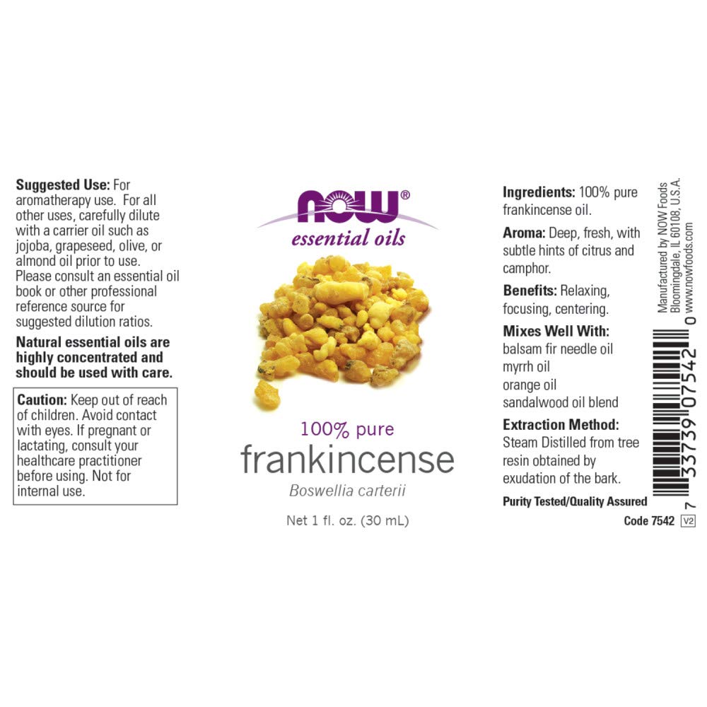 NOW Essential Oils, Frankincense Oil, Centering Aromatherapy Scent, Steam Distilled, 100% Pure, Vegan, Child Resistant Cap, 1-Ou