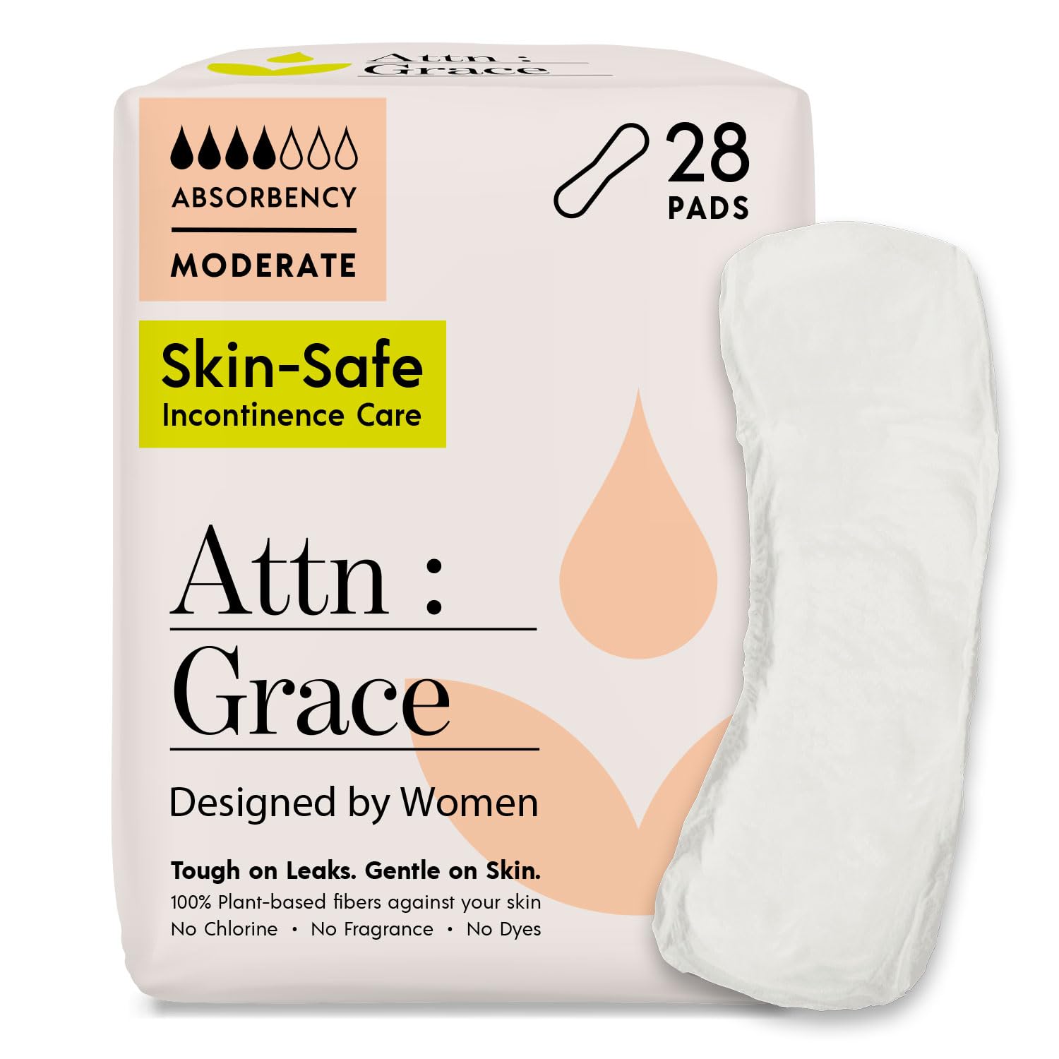 Attn: Grace Moderate Incontinence Pads for Women, 28-Pack - High Absorbency, Breathable, Plant-Based - Incontinence Pads for Mod